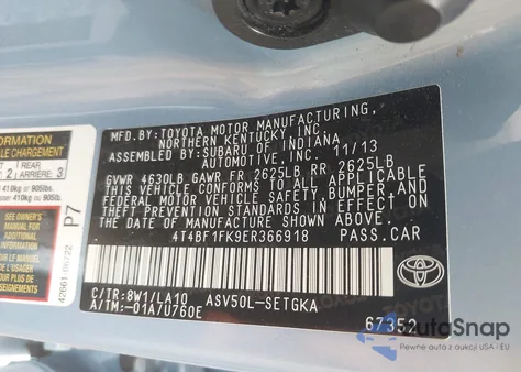 2014 Toyota Camry Xle from USA, damaged, VIN 4T4BF1FK9ER366918